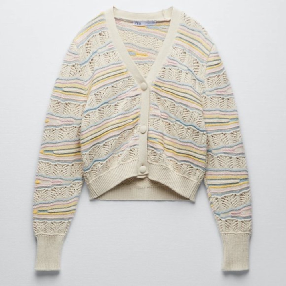 NWT Zara Adorable Knit Pointelle Cardigan Jacket Sweater Pastel and Cutouts